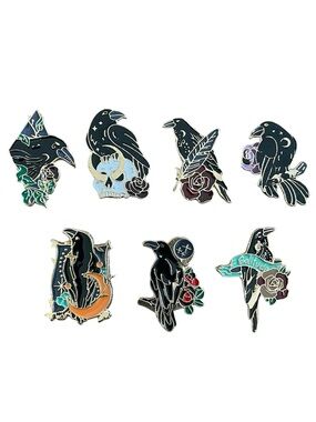 NWT Skull, Moon, Floral Black Raven Enamel Pin Bundle - Set of 7
